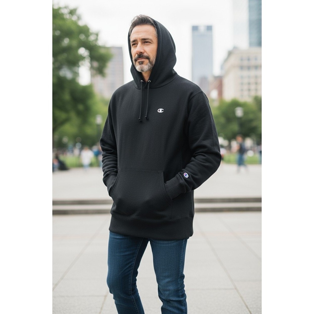 Champion Powerblend Hoodie Black Pullover‎ Sweatshirt Mens